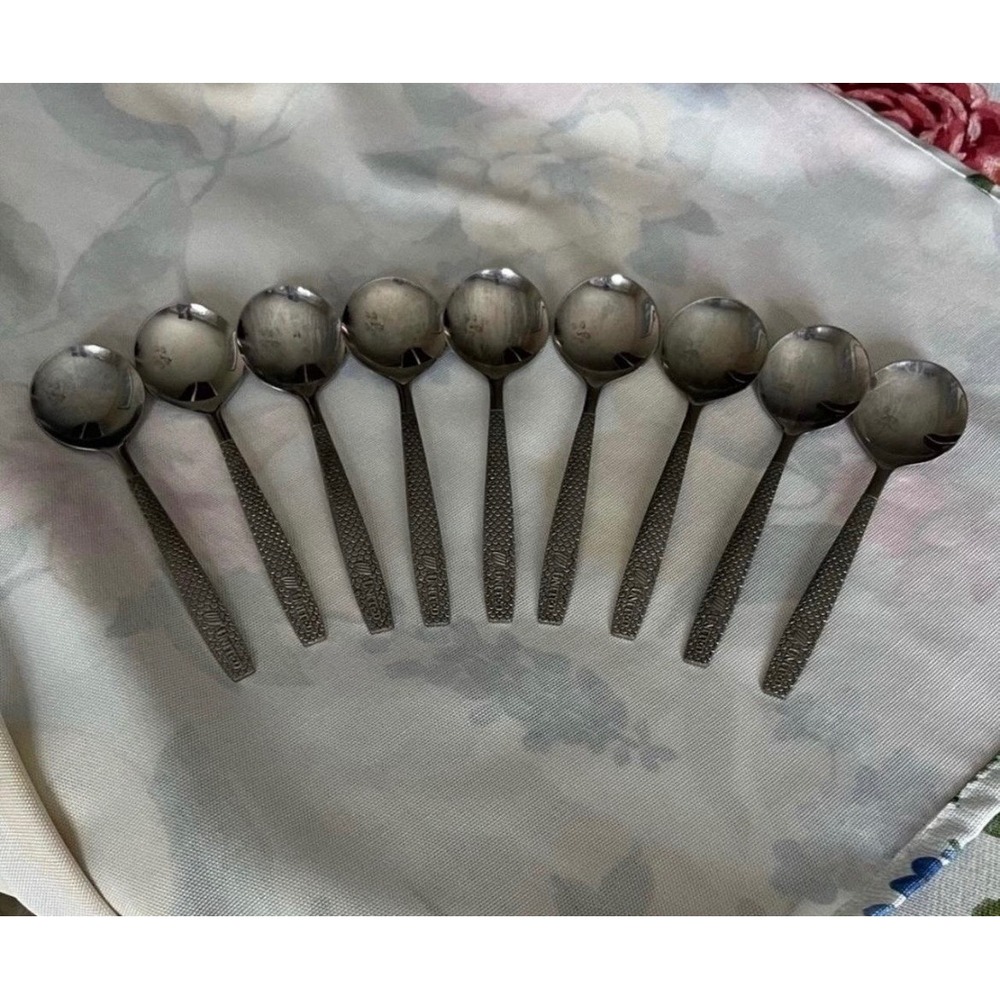 9pc United Airlines Vintage ABCO SP 5701 Silver Plate Soup Spoons Fish Scale